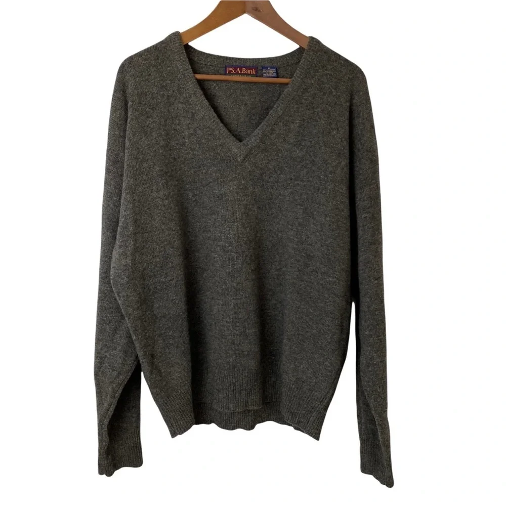 Jos A Bank Sportswear Men V Neck Sweater Size XL Grey 100% Lambswool Long sleeve - Picture 1 of 8